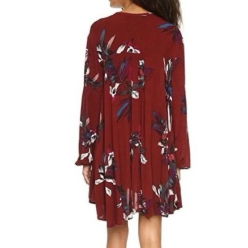 Free People Tree Swing Burgundy Mini Dress Boho Rayon Tunic Long Sleeve Babydoll